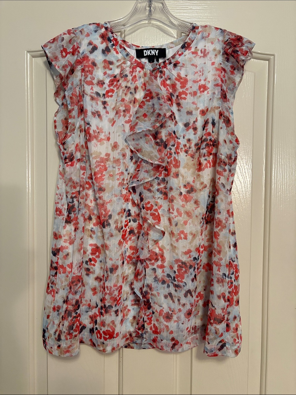 DKNY Floral Ruffle Front Blouse in Coral, Ivory & Blue